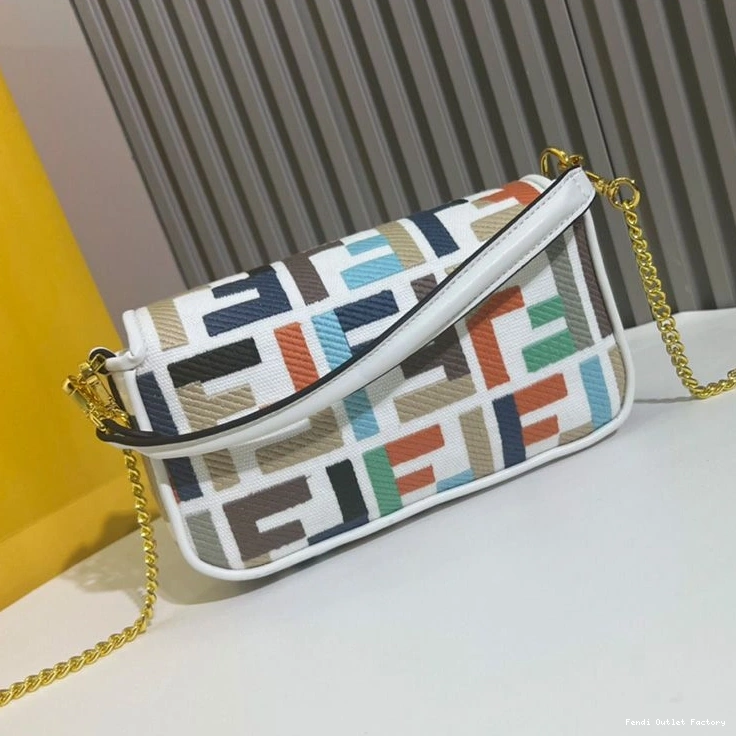 Vintage HOT Mini Motif Baguette FF In White Bag Canvas Fendi Multi 0727
